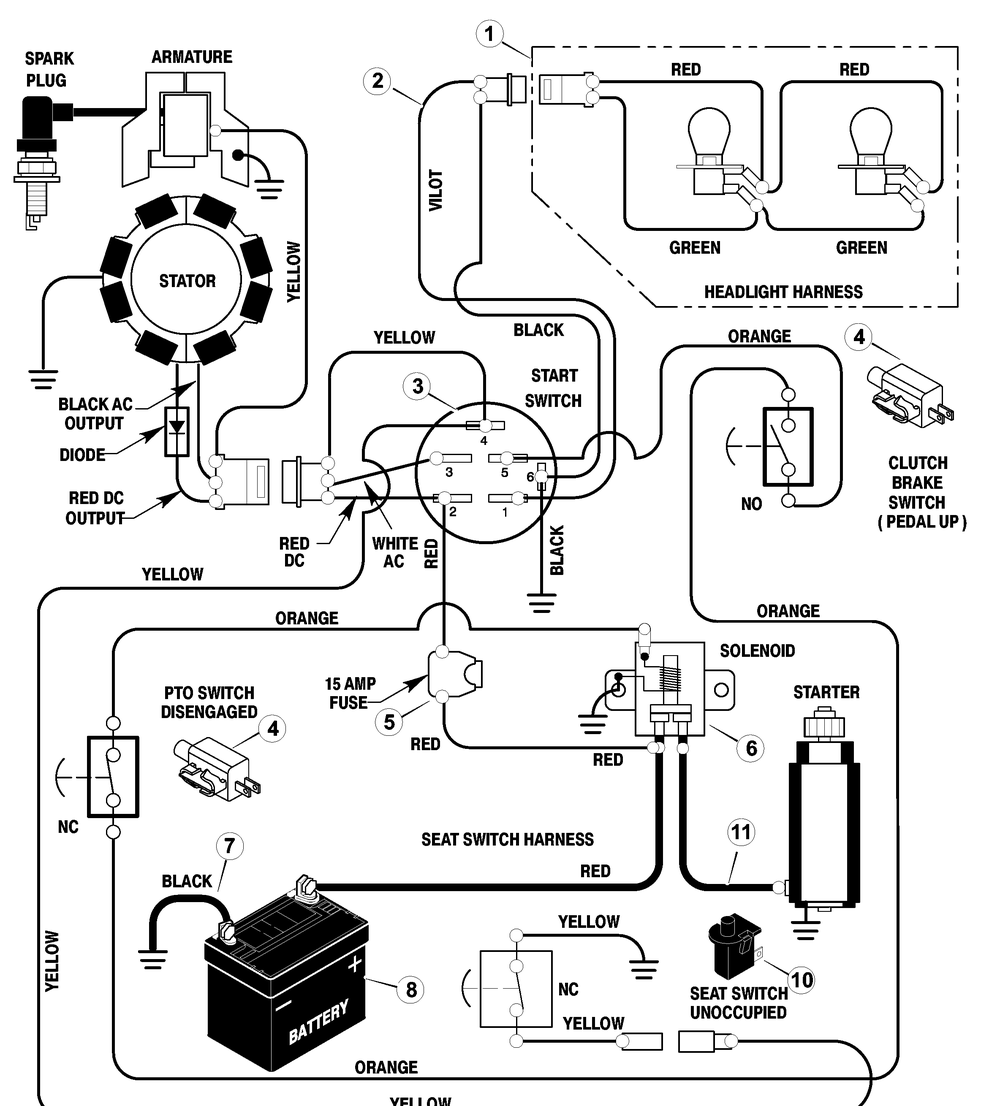 Electrical System Diagram and Parts List for 387000X00A 2003 Briggs and Stratton Lawn Tractor